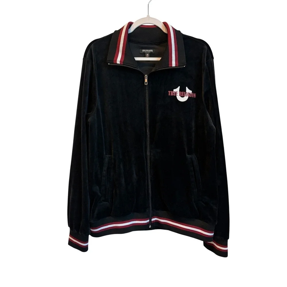 True Religion Mens Velour Tour Track Jacket Size Medium Black World Tour